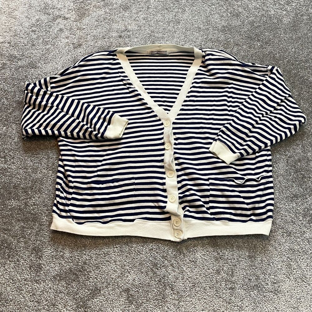 Laura Peterson Cardigan Sweater Womens 3XL White Blue Striped Button Up V Neck